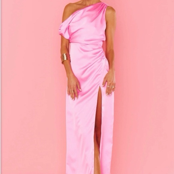 Show Me Your MuMu Jodie Off Shoulder Ruched Pink Satin Dress Size XS - Picture 5 of 9